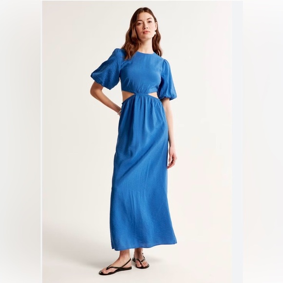 Abercrombie & Fitch Blue Short-Sleeve Cutout Maxi Dress Medium - Picture 1 of 7